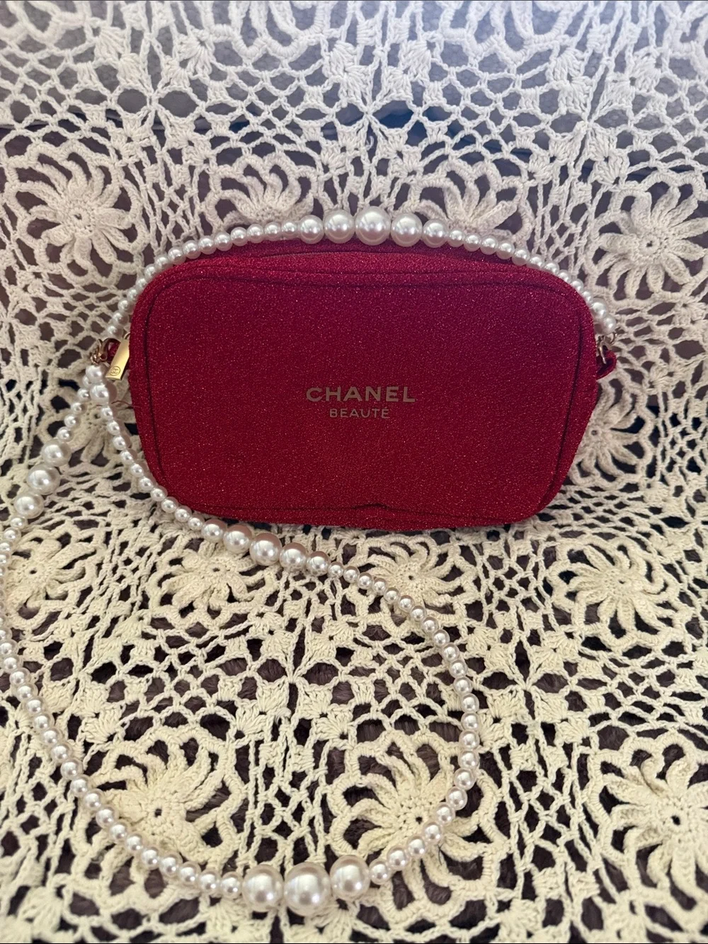 CHANEL Red Glitter Pearl-Handle Cosmetic Pouch